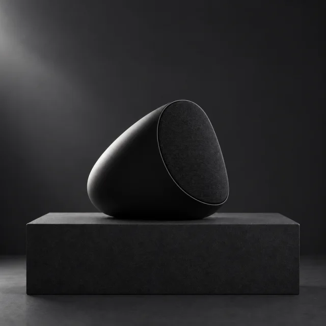 Compact black egg-shaped portable speaker with a woven front grille on a dark plinth.