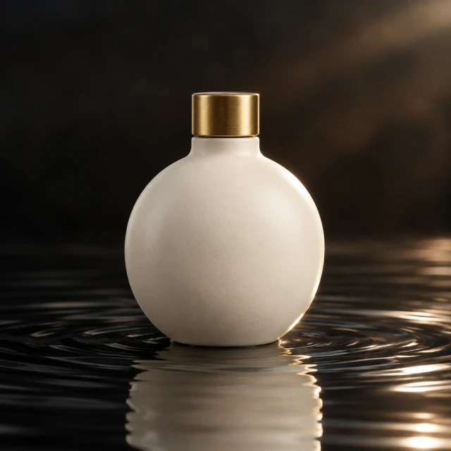 Opaque ivory ceramic fragrance bottle with a broad rounded body and brushed-brass cap, reflected on dark water; no label or lettering.