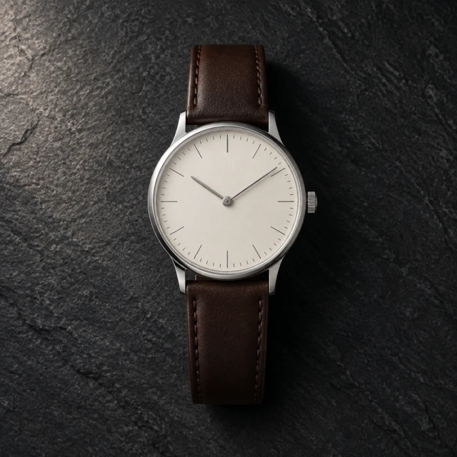 Simple round ivory-dial wristwatch with a plain narrow steel bezel and brown leather strap on dark slate; no brand or markings.