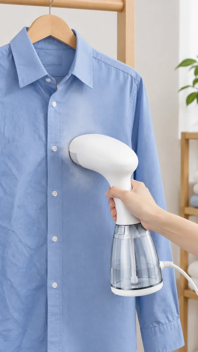 White garment steamer pressing a blue shirt in a vertical video frame.