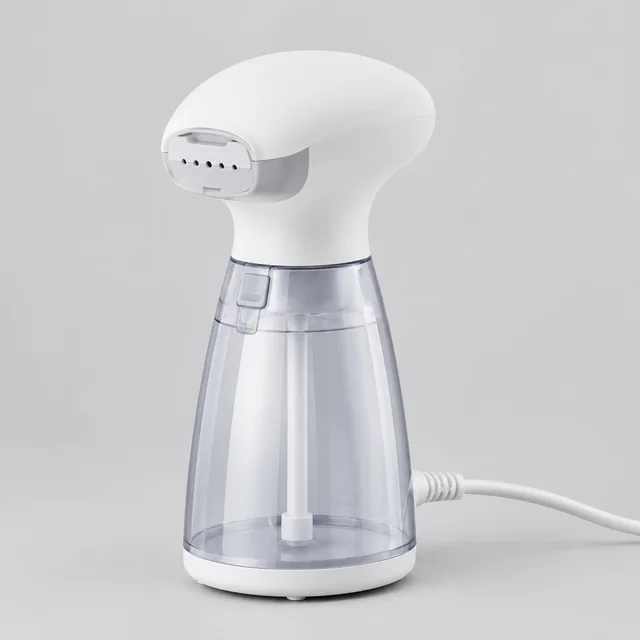 White handheld garment steamer photographed upright on a light background.