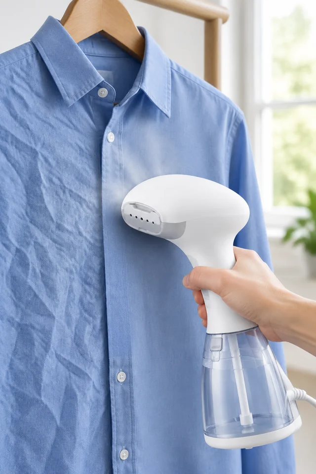 White garment steamer smoothing a wrinkle from a blue shirt.