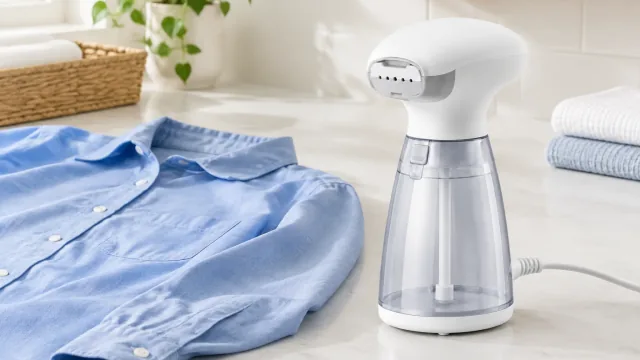 White garment steamer beside a blue shirt in a widescreen product video frame.