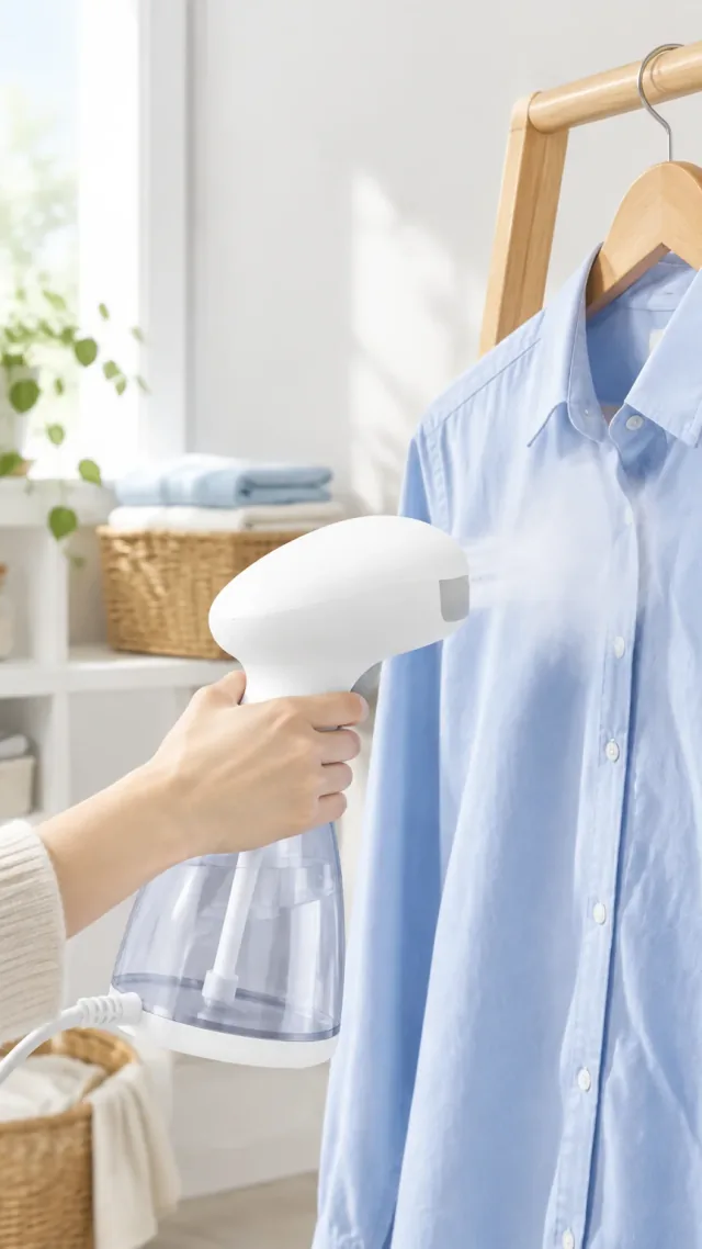 White garment steamer smoothing a blue shirt in a vertical social video frame.