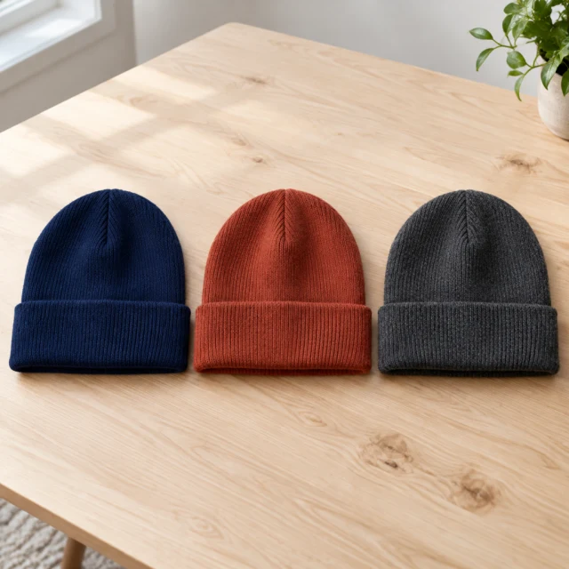 Three plain knit beanies in navy, rust, and charcoal arranged together on a neutral surface.