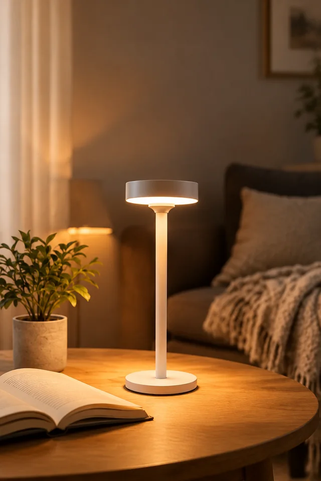 White saucer-shade lamp glowing on a bedside table in warm evening light.