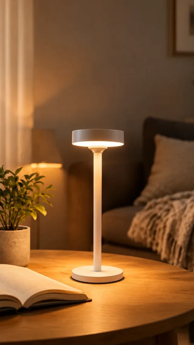 White saucer-shade desk lamp glowing beside a book in a vertical video frame.