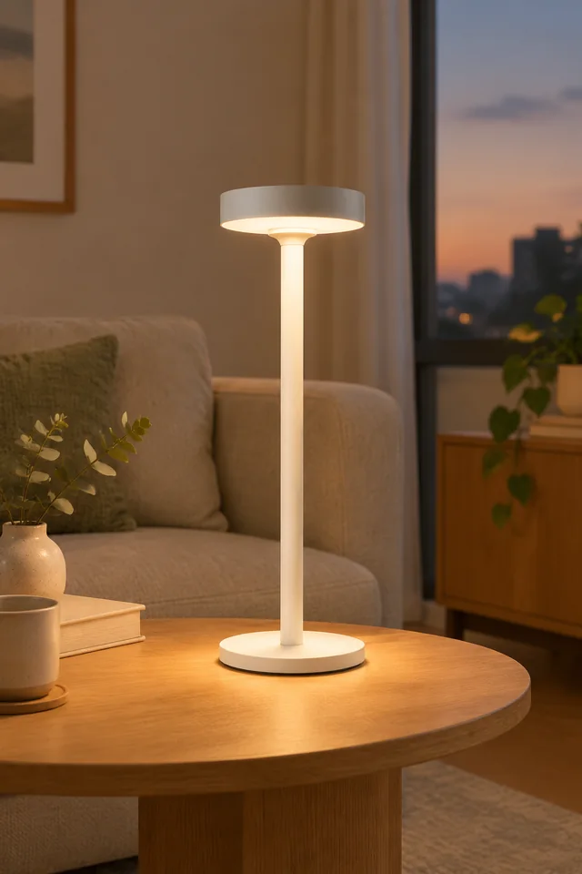 White saucer-shade desk lamp glowing in a calm living room at dusk.