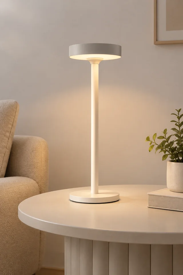White saucer-shade desk lamp glowing on a pale side table.