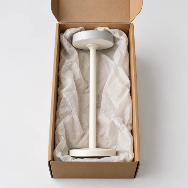 White saucer-shade desk lamp nestled in plain kraft packaging, without branding or text.