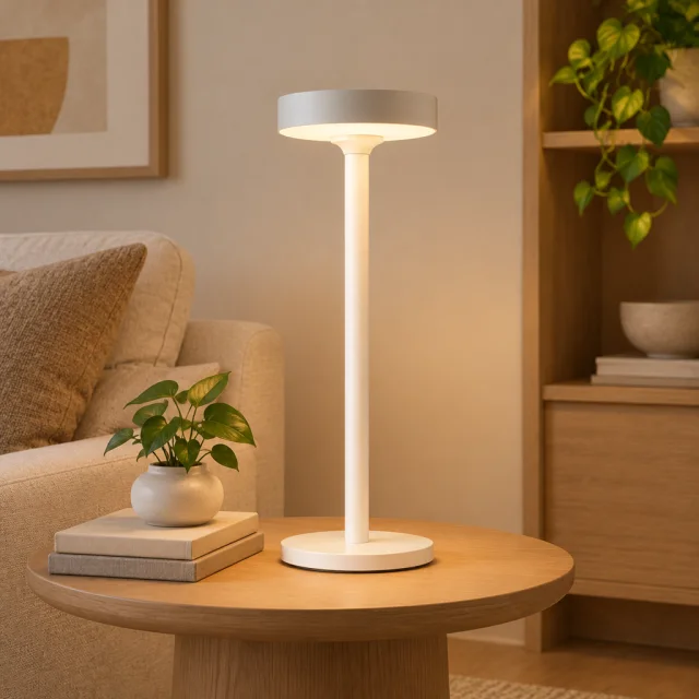 White saucer-shade desk lamp glowing on a side table in a calm living room.
