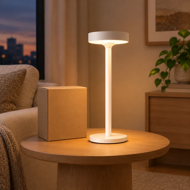 Warm white saucer-shade lamp glowing beside a plain shipping box on a wood side table at dusk; no brand marks or lettering.