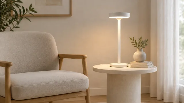 White saucer-shade lamp beside a chair in a widescreen product video frame.