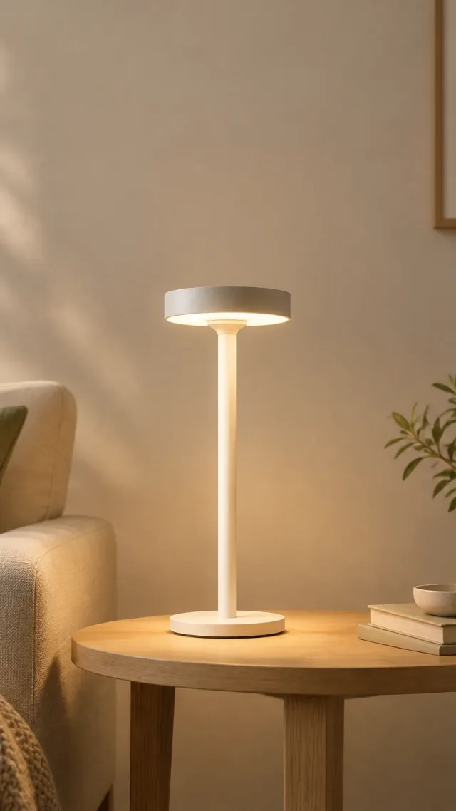 White saucer-shade lamp in a vertical social video frame.