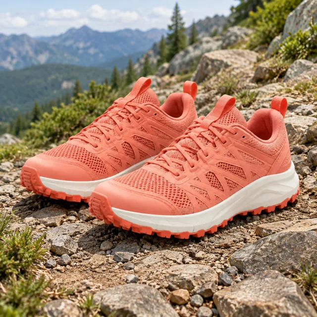 Coral trail shoes on a mountain path in a square video frame.