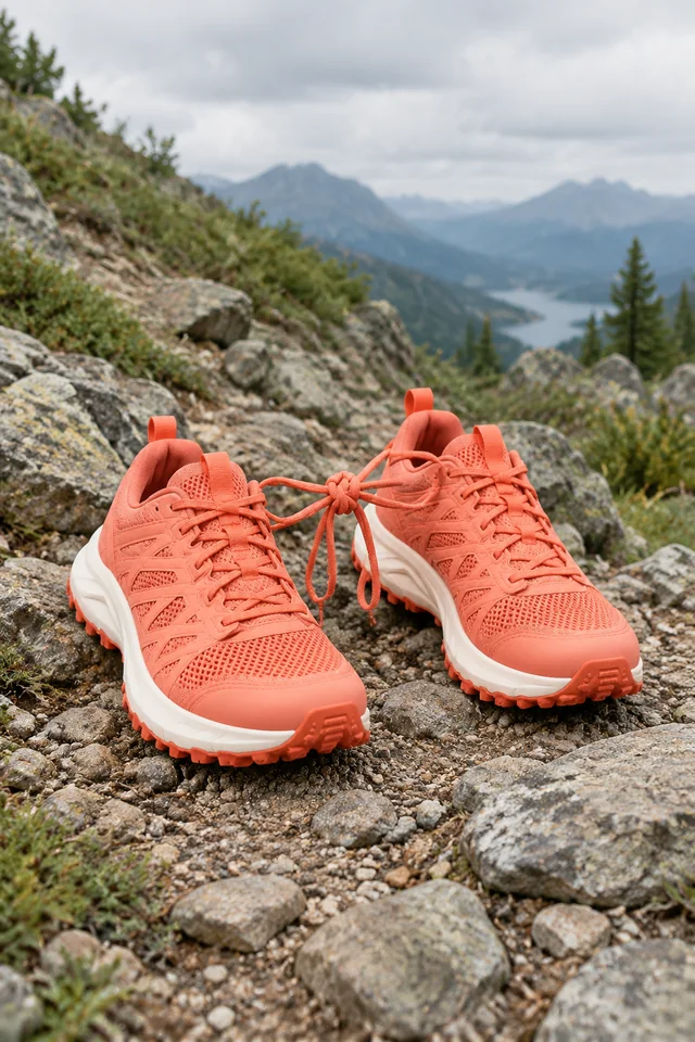 Coral trail shoes tied on a rocky mountain path in portrait composition.