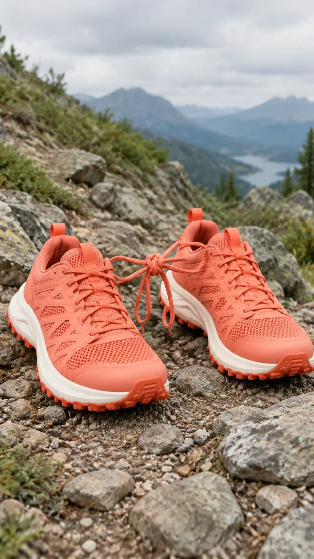 Coral trail shoes on a rocky mountain path in a vertical video frame.