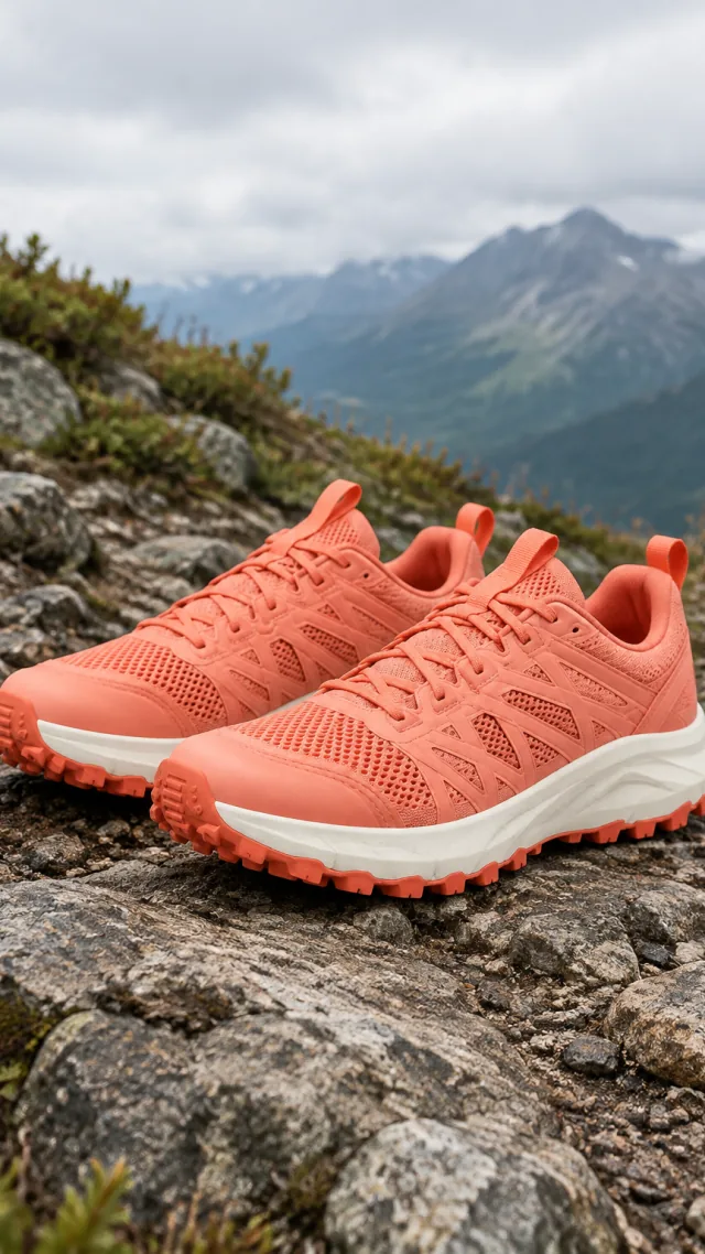Coral trail shoes on a rocky mountain path in a vertical video frame.