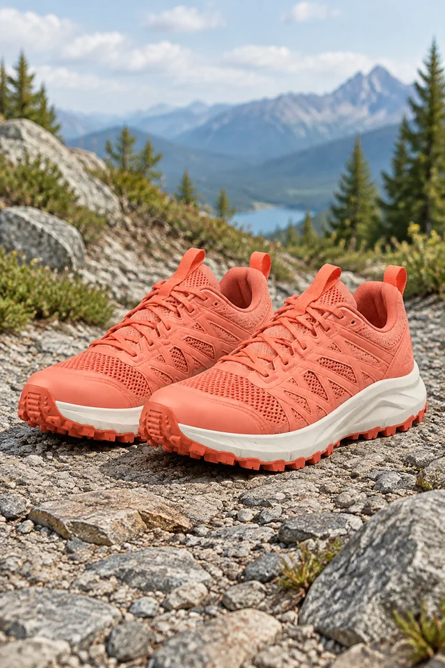 Coral trail shoes shown in full on a rocky trail in portrait light.