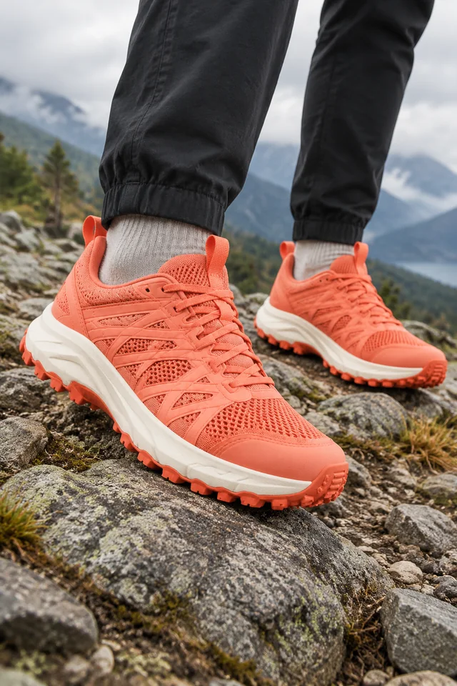 Coral trail shoes stepping onto a rocky path with both shoes in frame.