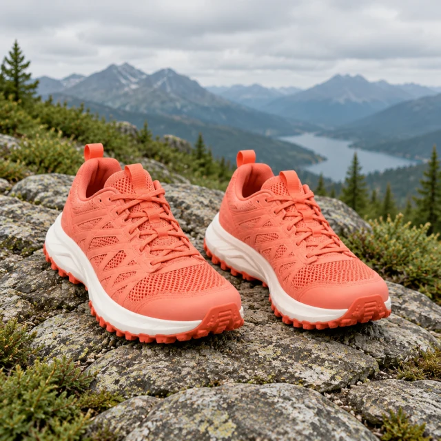 Pair of coral trail shoes shown fully in frame on a rocky outdoor path.
