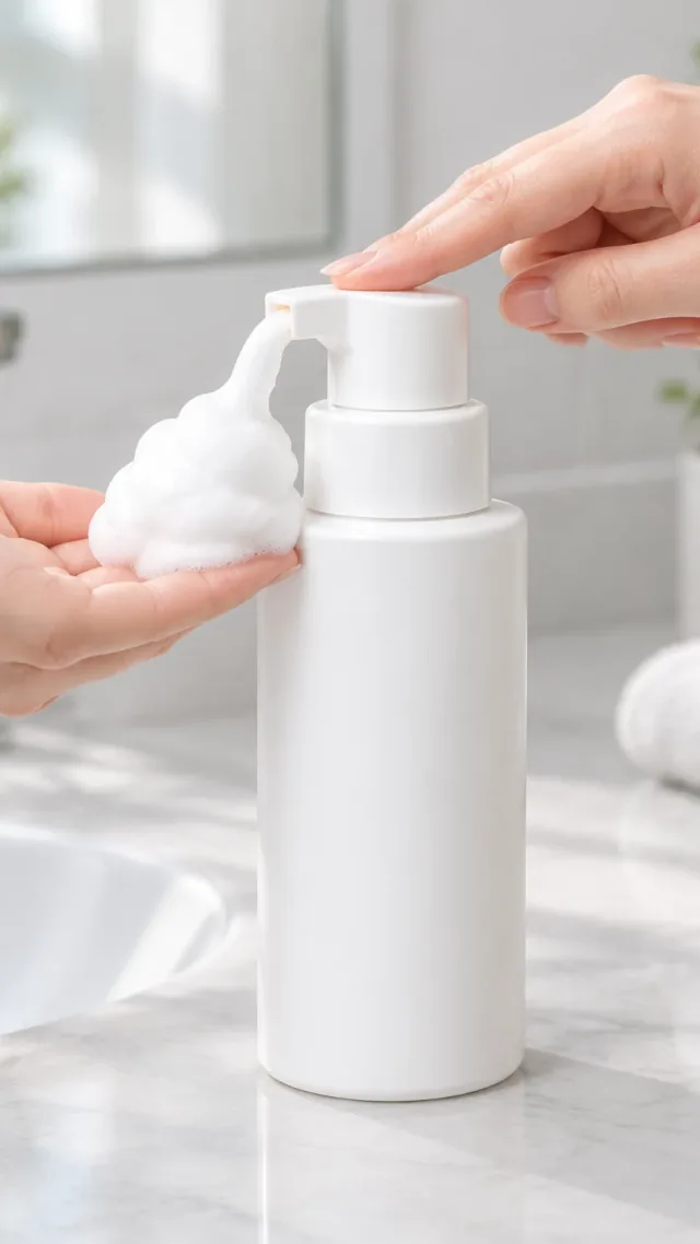Hand pressing a plain white cleanser pump in a vertical video frame.