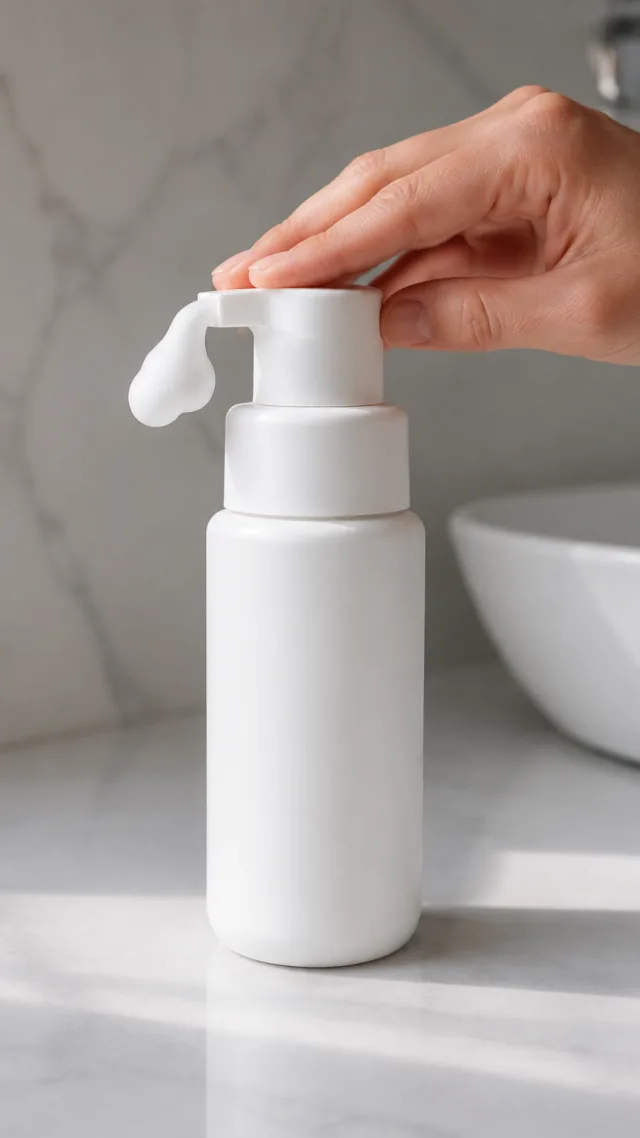 Hand pressing a plain white cleanser pump in a vertical video frame.