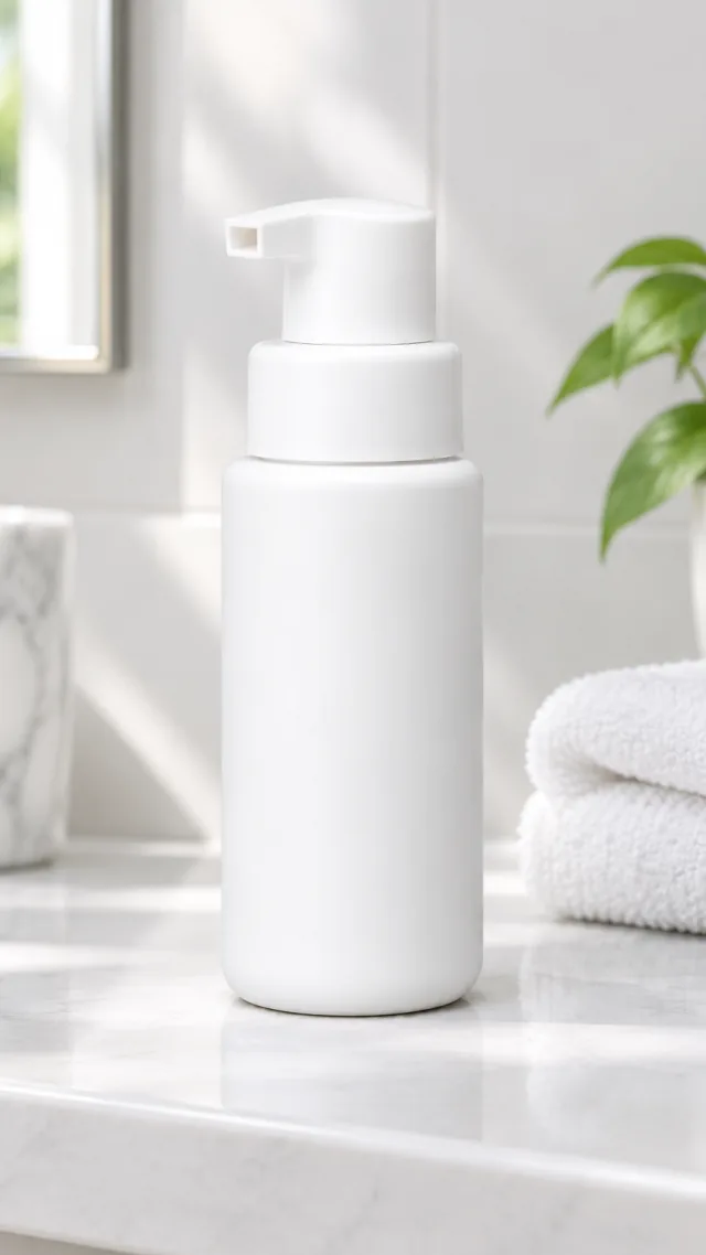 Plain white cleanser pump on a bathroom shelf in a vertical video frame.