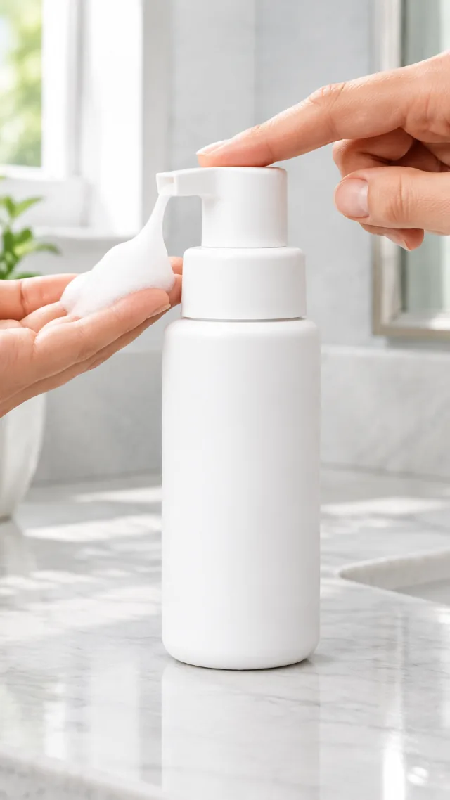 Hand pressing a plain white cleanser pump above a bathroom counter in a vertical video frame.