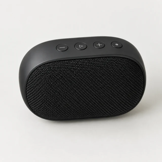 Close detail of the tactile controls on an unbranded black loop speaker.