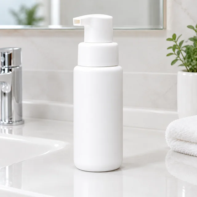 Plain white foaming cleanser pump bottle on a bright sink shelf.