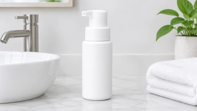 The same plain white cleanser bottle beside a bathroom sink and folded towel.