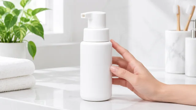 The same cleanser bottle with a hand beside its pump on a bright bathroom shelf.