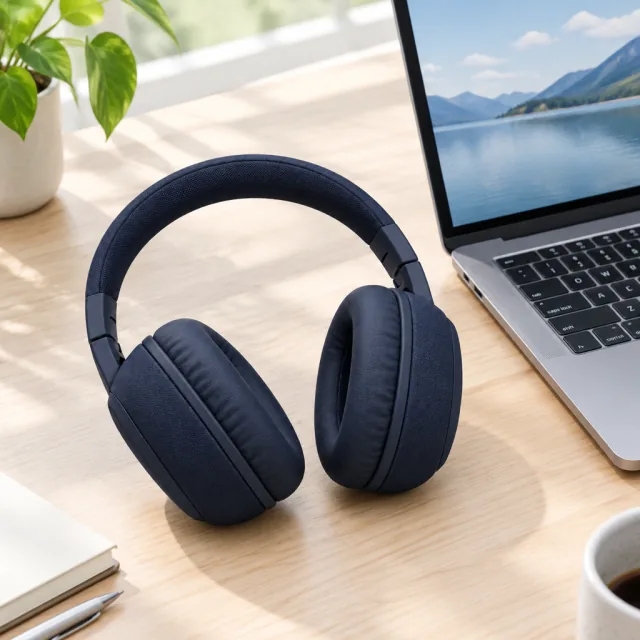 Dark navy over-ear headphones beside an unbranded laptop on a desk.