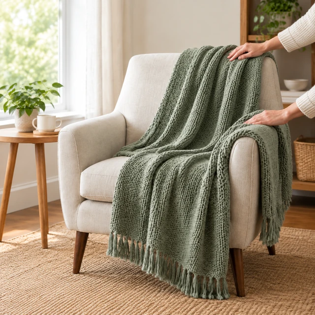 Hands smoothing a sage-green wool throw across a cream armchair in a bright living room.