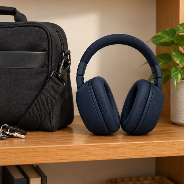 Unbranded navy over-ear headphones on a wooden shelf beside a plain black travel bag; no logos or lettering.