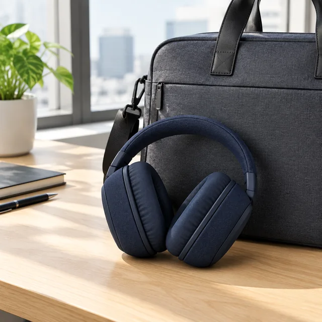 Dark navy over-ear headphones folded beside a commuter bag on a desk.