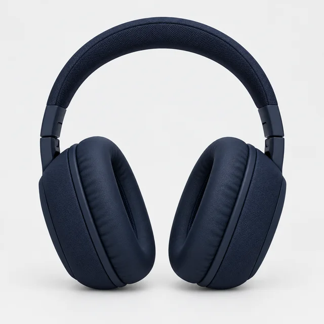 Dark navy over-ear headphones photographed alone on a pale background.