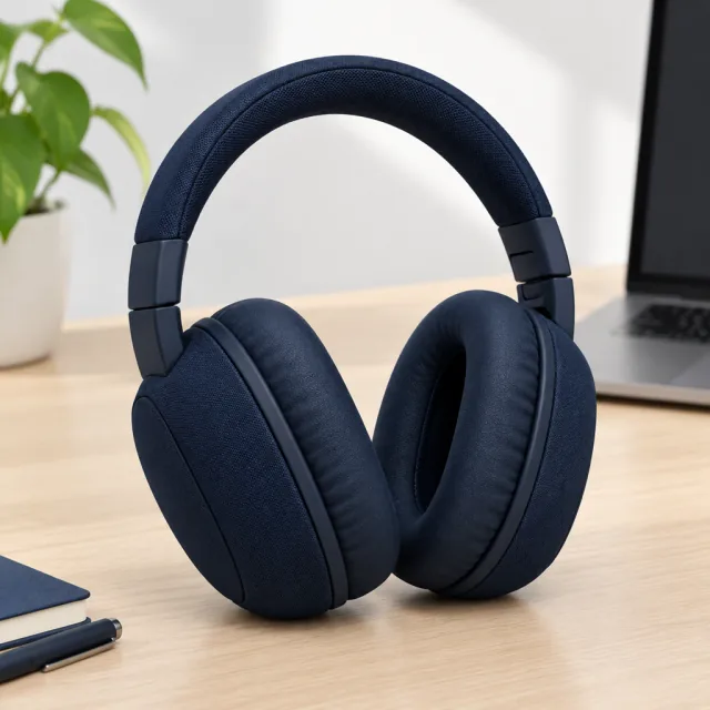 Dark navy over-ear headphones from a three-quarter side angle on a desk.
