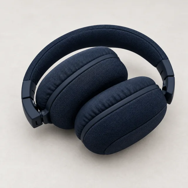 Dark navy over-ear headphones with padded fabric ear cups on a neutral surface.