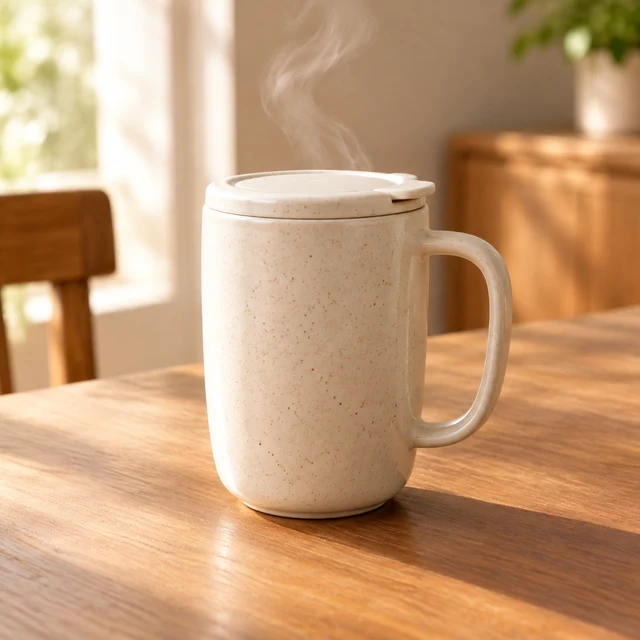 Unbranded speckled cream ceramic travel mug with a fitted lid and soft steam on a warm wooden breakfast table.