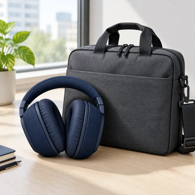 Dark navy headphones folded beside a commuter bag on a desk.
