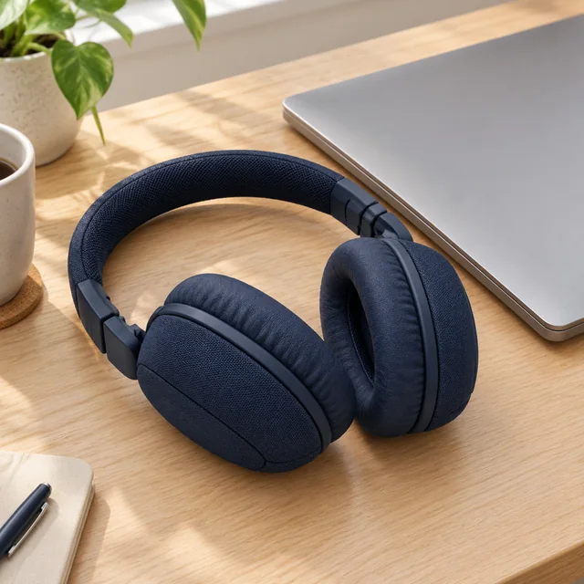 Dark navy headphones beside a laptop with the ear cushions visible.