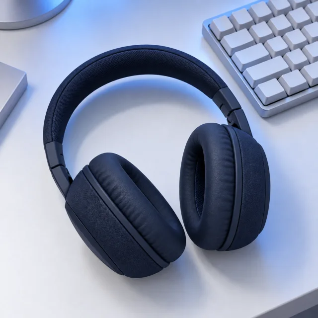 Dark navy over-ear headphones beside a keyboard under soft blue light.