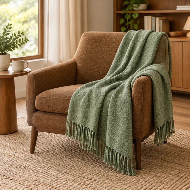 Unbranded sage-green wool throw draped over a warm brown lounge chair in a calm living room, woven texture in clear view.