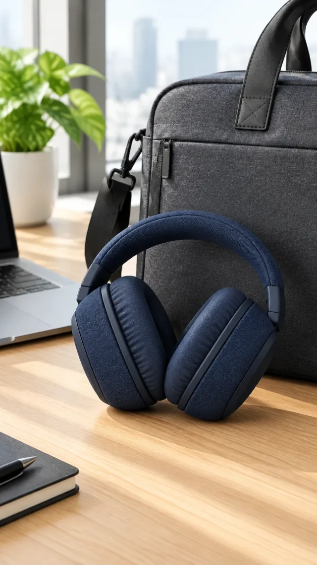 Dark navy over-ear headphones beside a commuter bag in a vertical video frame.