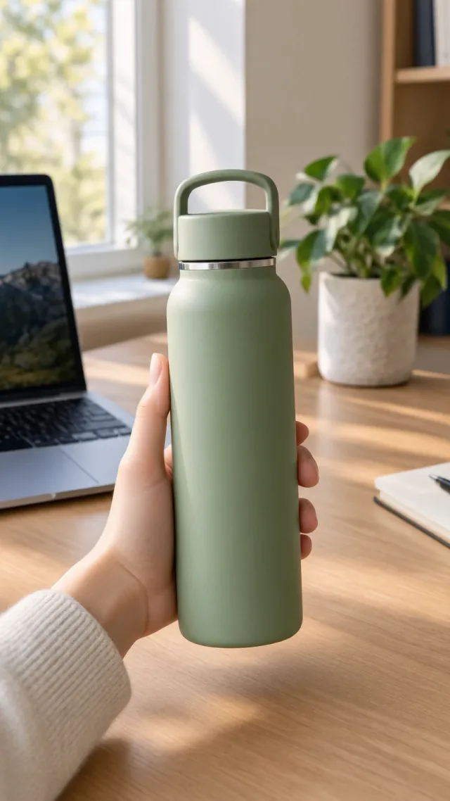 Sage-green insulated bottle lifted from a desk in a vertical video frame.