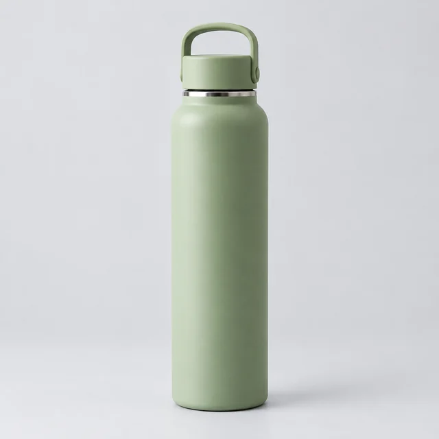 Sage-green insulated bottle photographed alone on a pale background.