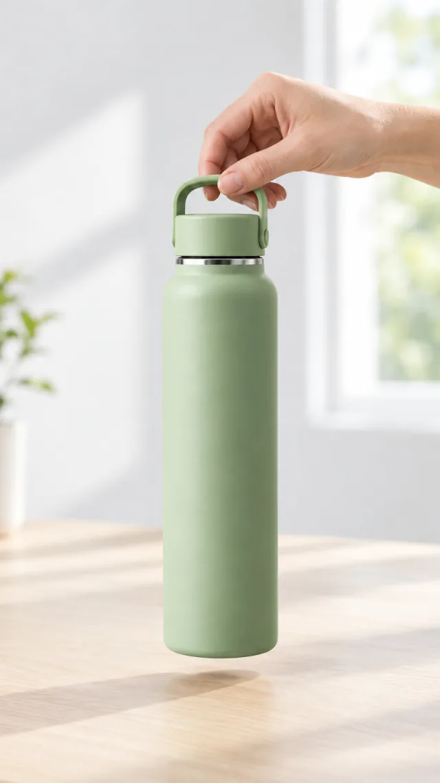 Hand lifting a sage-green insulated bottle in a vertical creator video frame.