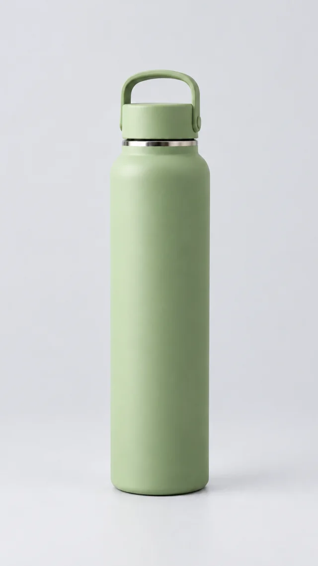 Sage green insulated bottle with its integrated loop handle standing upright on a pale background.